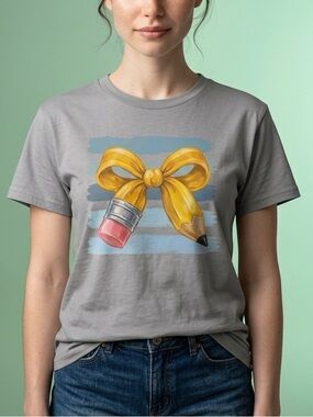 Gray Tee with Yellow Pencil-Bow Graphic